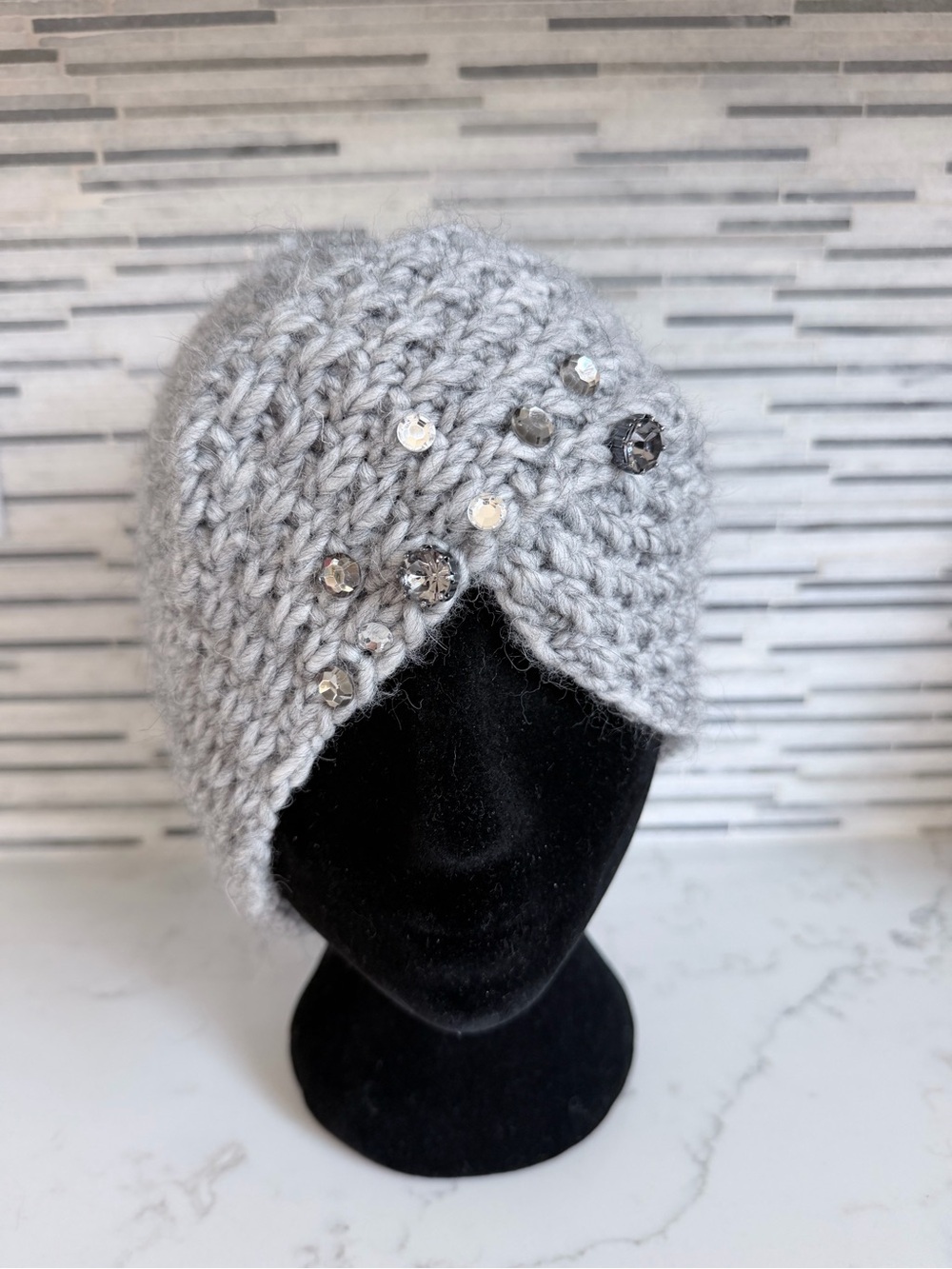 Gray Knit Headband with Decorative Gems - Women's Accessories made in Italy